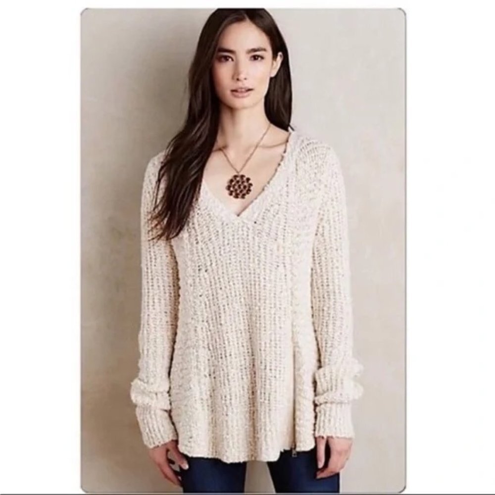 Anthropologie Moth Cream Chunky Knit Pullover‎ Sweater Side Zip Ivory XS